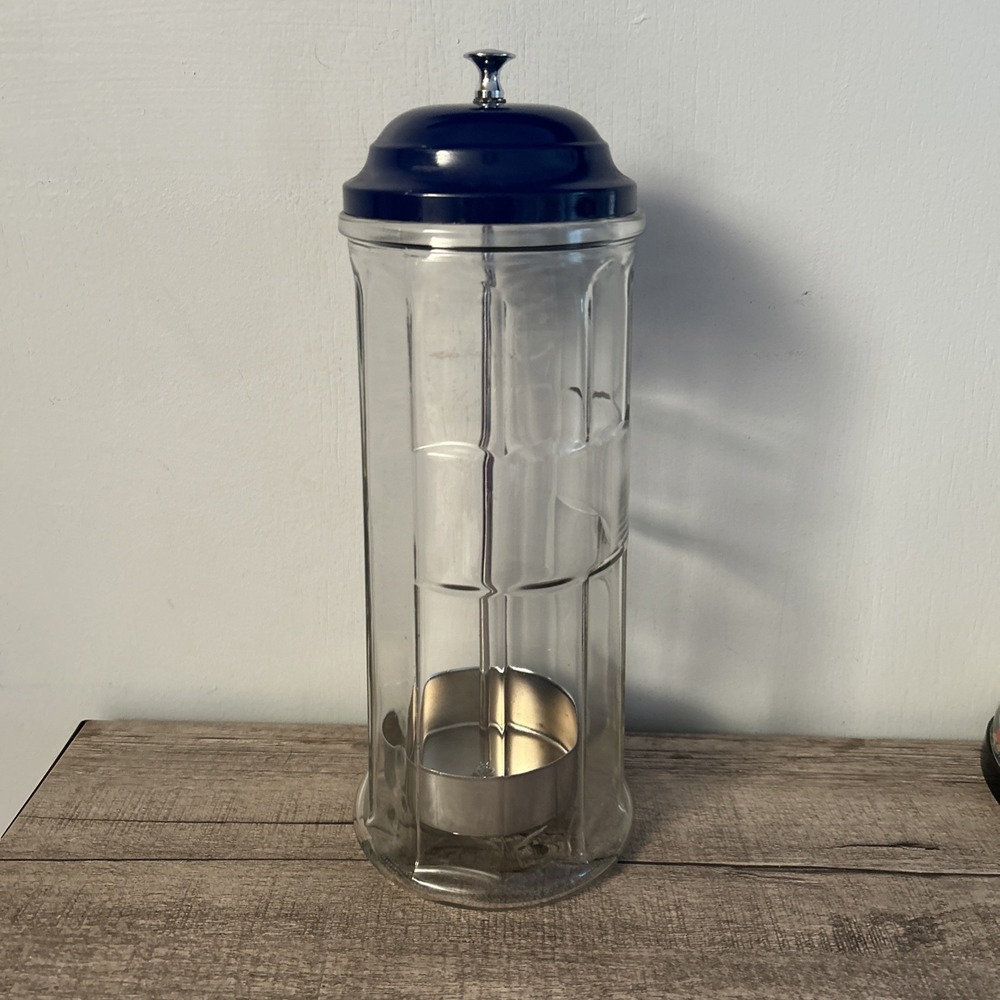 Vintage GEMCO straw holder Blue Top Container Glass Jar Paneled Metal lid